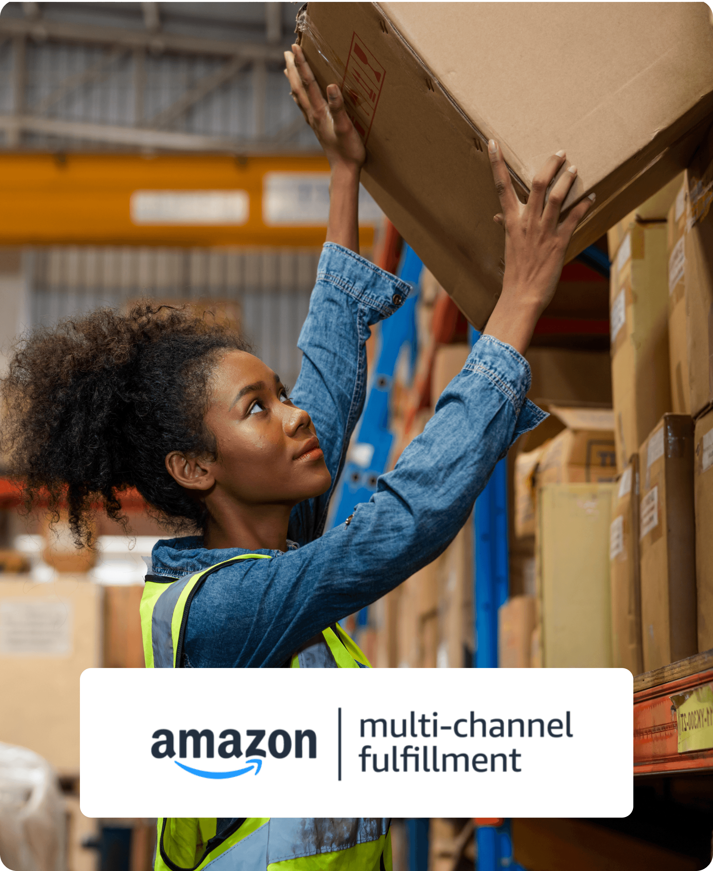 A woman lifting an Amazon MCF parcel.